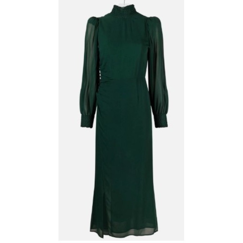 Reformation Midi Dress 14 Green Smocked Neck Sheer Sleeve Side Button Womens